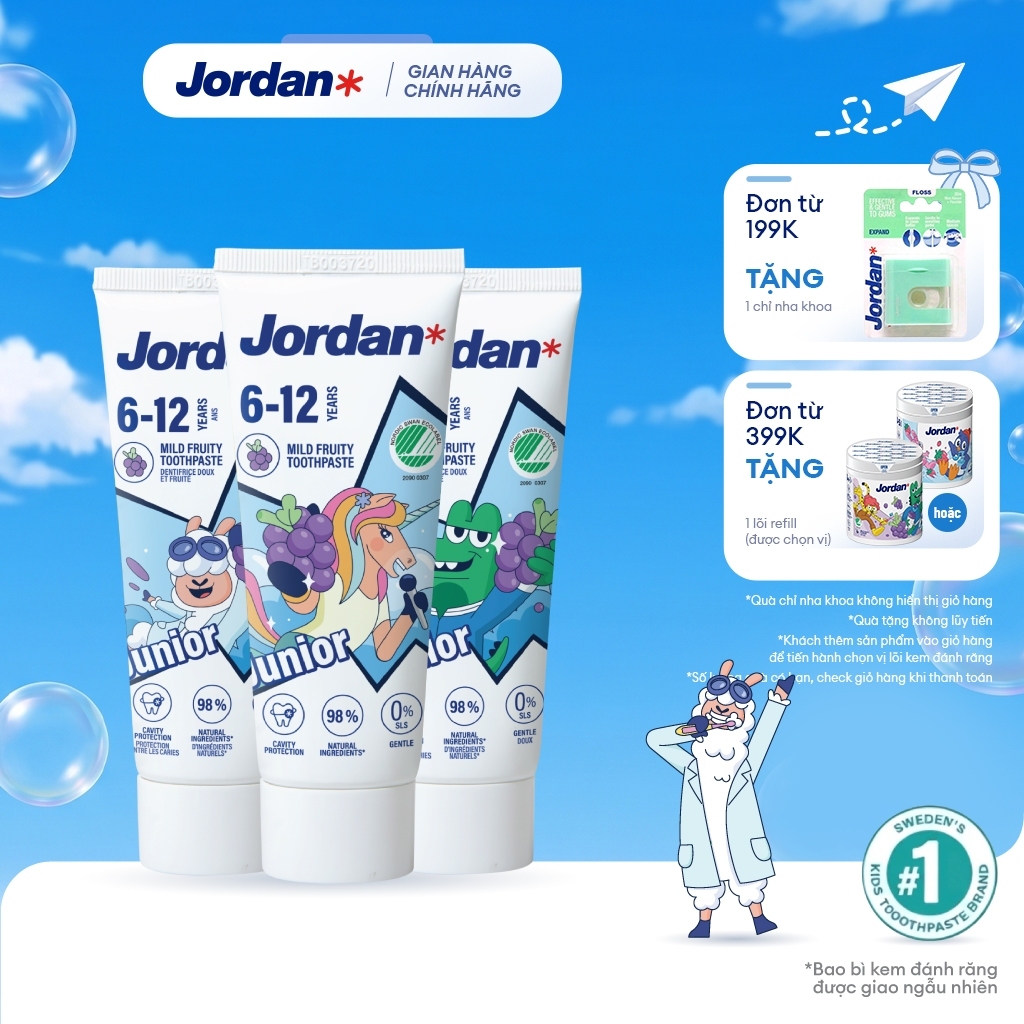 Combo 3 Kem đánh răng Jordan cho trẻ em vị nho bước 2 cho bé 6-12 tuổi, xuất xứ Na Uy