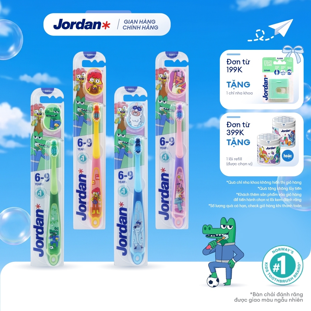 [Giao màu ngẫu nhiên] Combo 4 Bàn chải đánh răng Jordan trẻ em lông tơ mềm bước 3 cho bé 6-9 tuổi, xuất xứ Na Uy