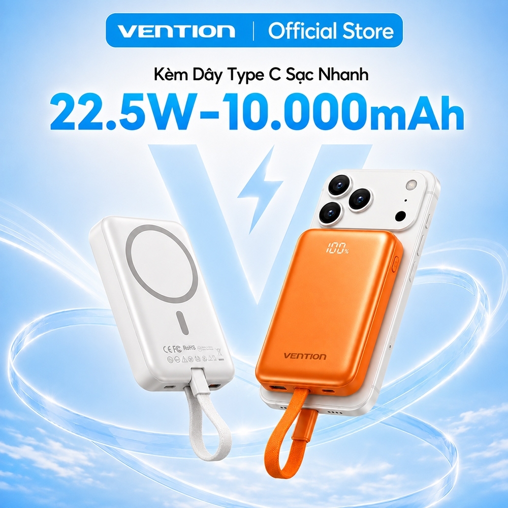 Pin Sạc Dự Phòng Vention 10000mAh Sạc Nhanh 22.5W Tích Hợp Cáp USB-C, Sạc Không Dây 15W Cho Phone