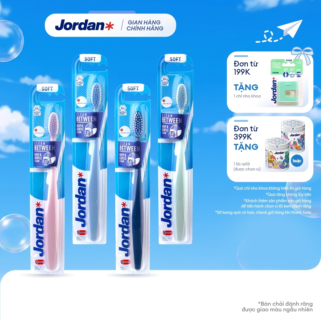 [Giao màu ngẫu nhiên] Combo 4 bàn chải đánh răng Jordan Clean Between lông siêu mềm 0.01 bảo vệ nướu nhạy cảm