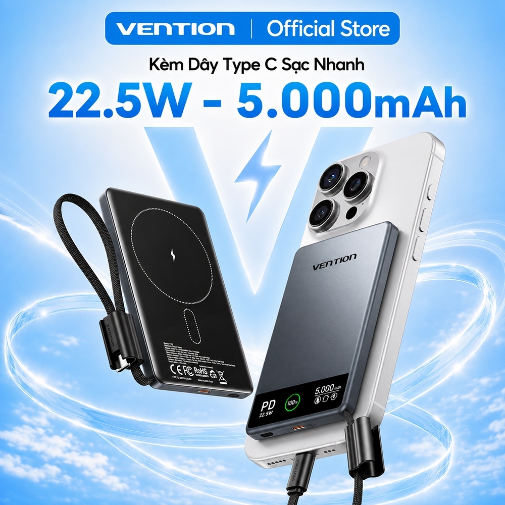 Pin Sạc Dự Phòng Từ Tính Vention 5000mAh MatSafe, Sạc Không Dây 15W, Sạc Nhanh 22.5W, Tích Hợp Cáp USB-C Cho Phone