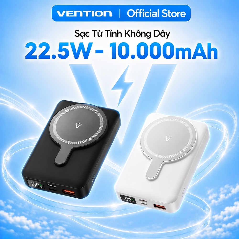 Pin Sạc Dự Phòng Không Dây Vention 10000mAh, Nam Châm Từ Tính, Sạc Nhanh PD 20W, Màn Hình LED, Chân Đế Gập