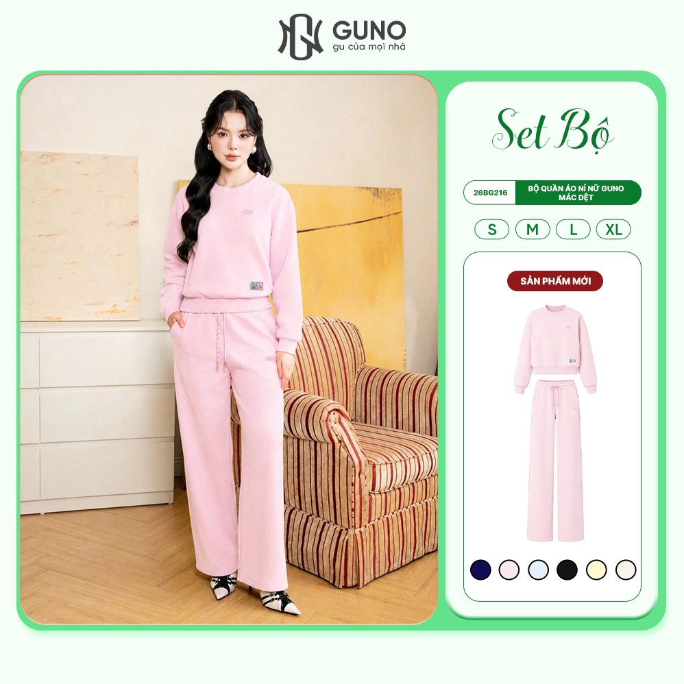 Set Bộ Nỉ Thu Đông Cao Cấp GUNO Mác Dệt Cổ Tròn Phối Quần Suông Hack Dáng 26BG216