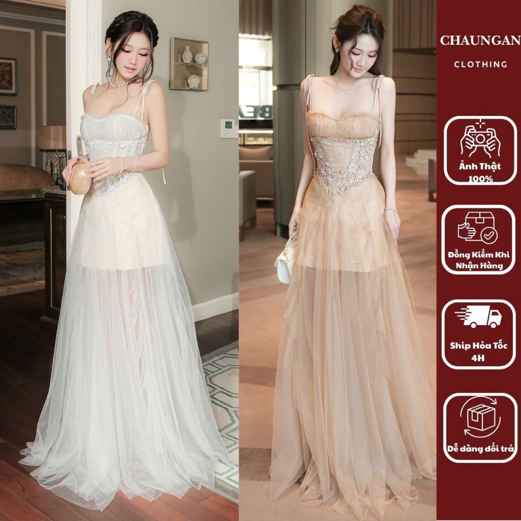 Đầm Tiệc Thiết Kế Hai Dây Thắt Nơ Dáng Maxi Voan Tơ Phom Corset Siết Eo