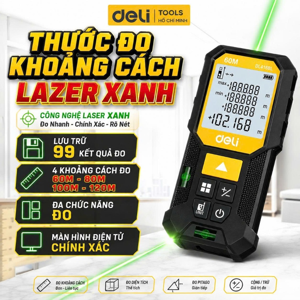 [LASER XANH] Thước Đo Khoảng Cách Laser Chính Hãng Deali Nhỏ Gọn, Đo Chính Xác Kèm Thước Thủy