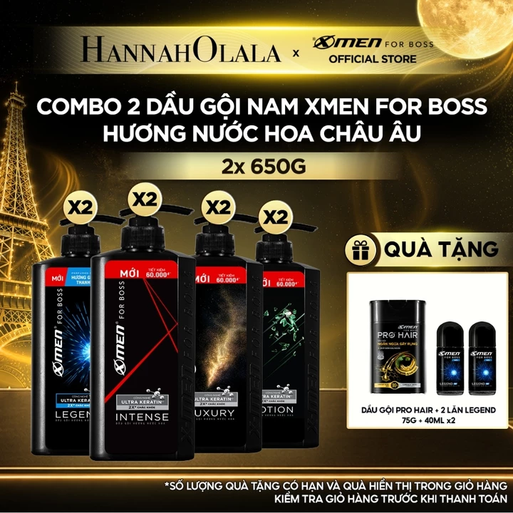 [HANNAH x XMEN FOR BOSS] Combo 2 Dầu Gội Nam XMen for Boss 650g/chai Hương Nước Hoa Châu Âu Intense/Luxury/Legend