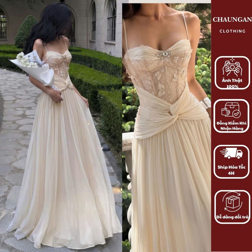 Đầm Dạ Hội Hai Dây Dáng Dài Corset Xếp Nhún Cột Nơ Eo Đính Đá