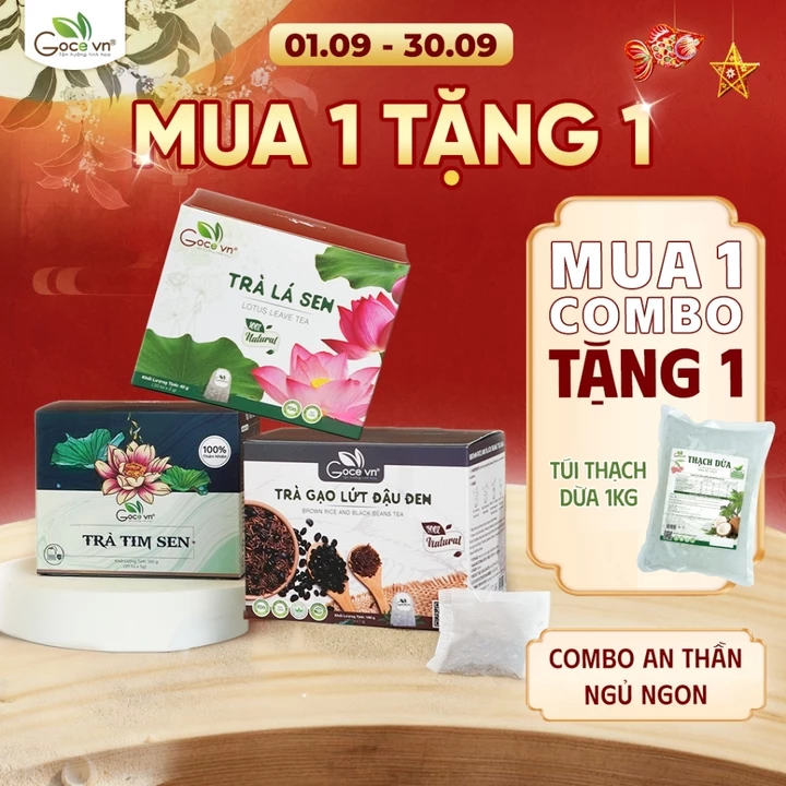 Combo An thần, Ngủ ngon (1 Trà lá sen túi lọc 40g, 1 hộp Trà tim sen túi lọc 100g, 1 Trà gạo lứt đậu đen túi lọc 140g)