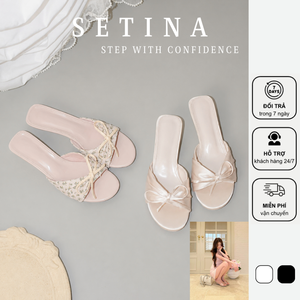 Dép Cao Gót Nữ SETINA Mũi Tròn Đế 4 cm Quai Xếp Phối Nơ Kiểu Pháp Kết Hợp Váy Xinh Xắn - DG07