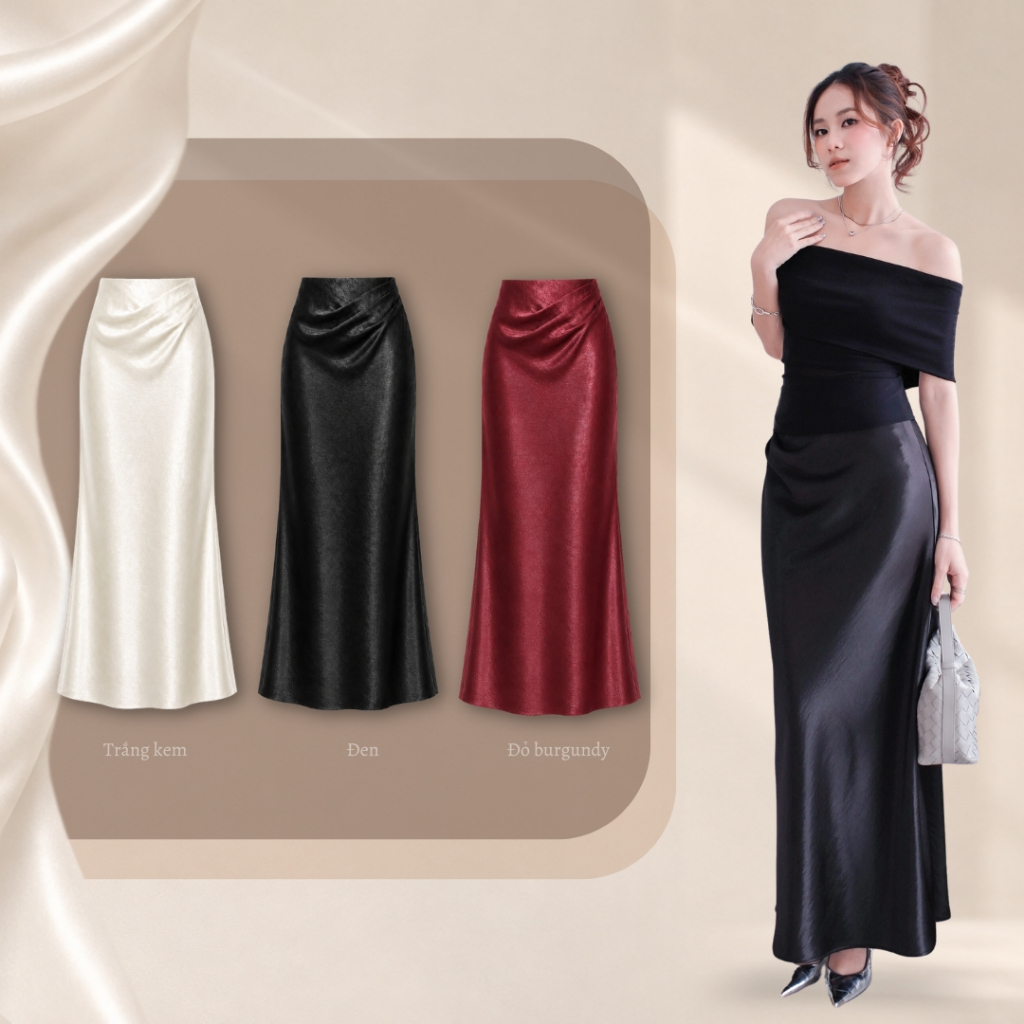 LA BOUTIQUE Chân váy lụa dáng dài phom suông nhún eo chất lụa nhũ bóng cao cấp đi tiệc đi chơi V024