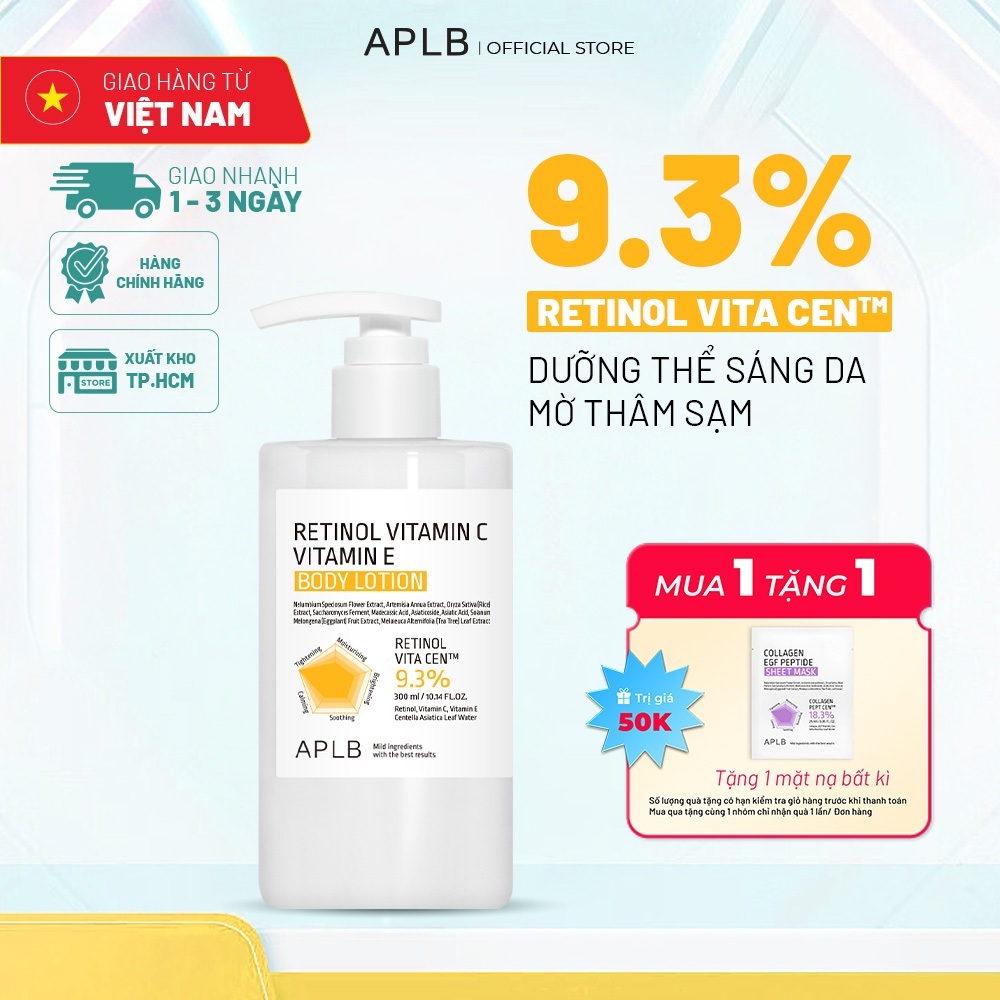 APLB Sữa Dưỡng Thể Vitamin C Dưỡng Sáng 300ml APLB Retinol Vitamin C Vitamin E Body Lotion, Retinol Body Lotion
