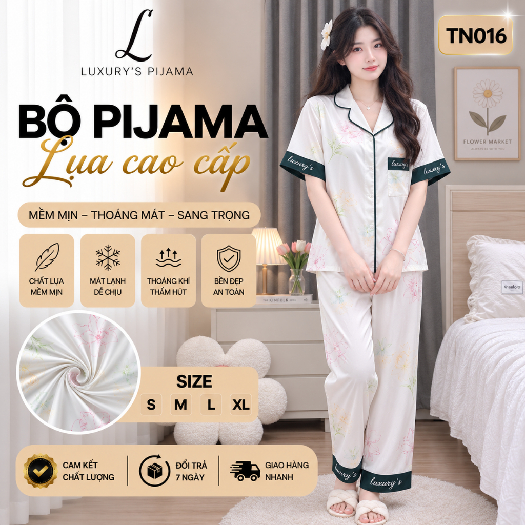 Đồ bộ LUXURY PIJAMA lụa latin, mềm mịn sang trọng tay ngắn họa tiết hoa trắng phối xanh đậm TN016