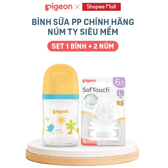 [Combo Bình PP + 2 Núm] Bình sữa PP Pigeon an toàn chống đầy hơi, sặc sữa tốt cho bé 160/240/330ml