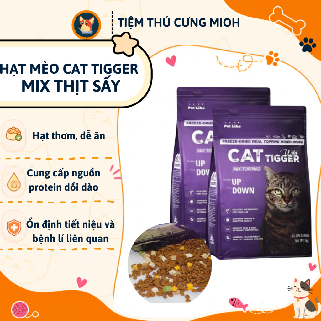 Thức ăn hạt cho mèo Cat Tigger mix thịt sấy dành cho mèo mọi lứa tuổi