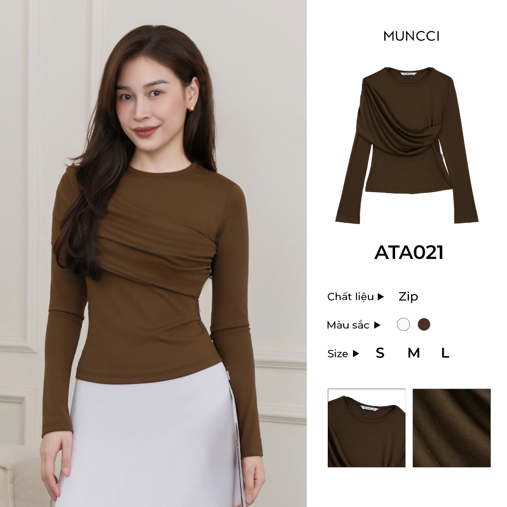 Áo Thun Dài Tay Nữ MUNCCI ATA021 Thiết Kế Cách Điệu Chất Zip Mềm Mại, Co Giãn, Ôm Body, Tôn Dáng, Dễ Phối Đồ