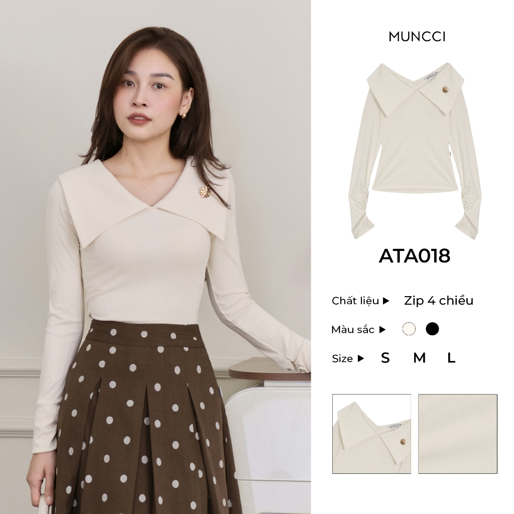 Áo Thun Nữ Tay Dài MUNCCI ATA019 Cổ Cách Điệu Đính Charm Chất Zip 4 Chiều Mềm Mại, Co Giãn, Ôm Body, Dễ Phối Đồ