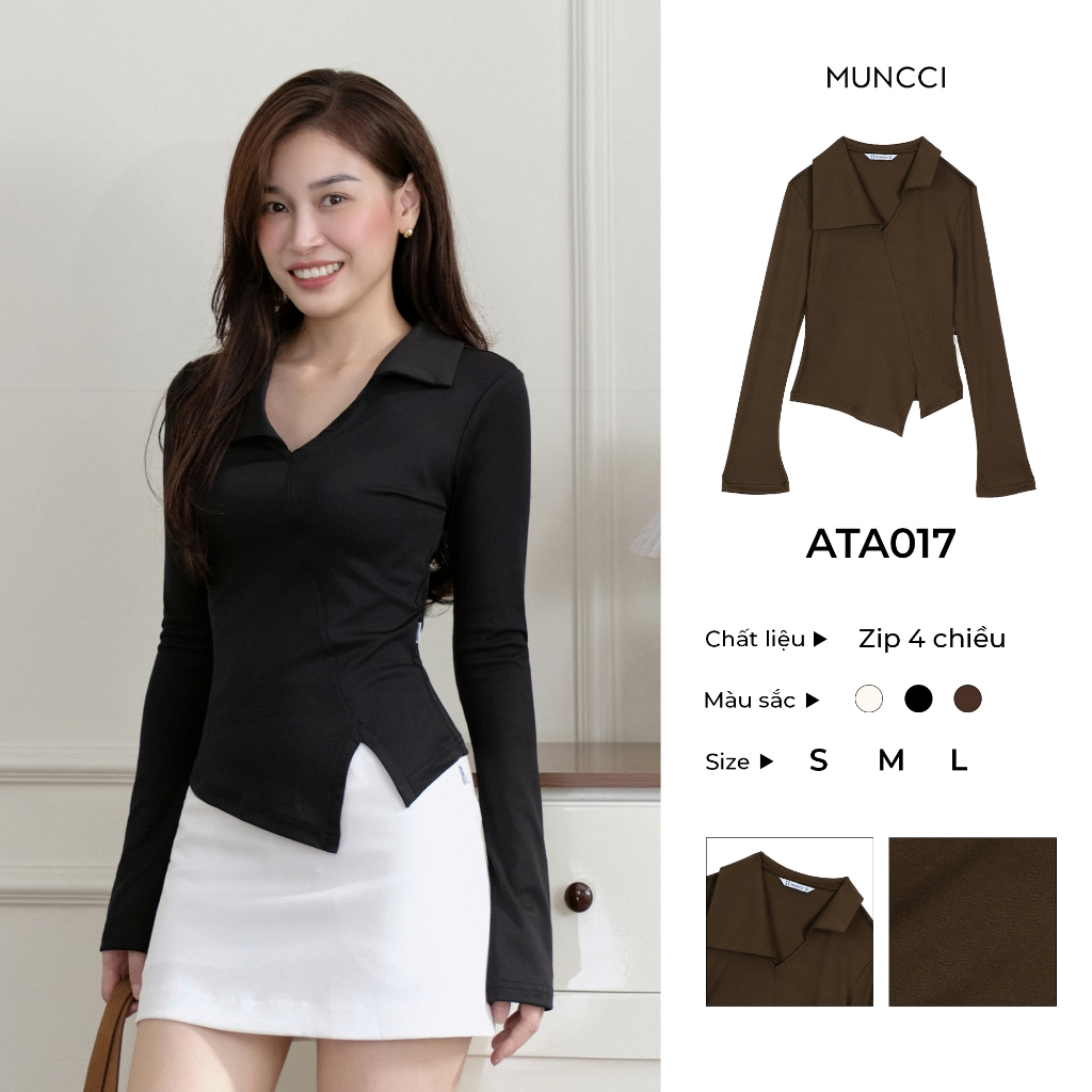 Áo Thun Nữ Dài Tay MUNCCI ATA017 Cổ Cách Điệu Chất Zip 4 Chiều Mềm Mại, Co Giãn, Ôm Body, Tôn Dáng, Dễ Phối Đồ