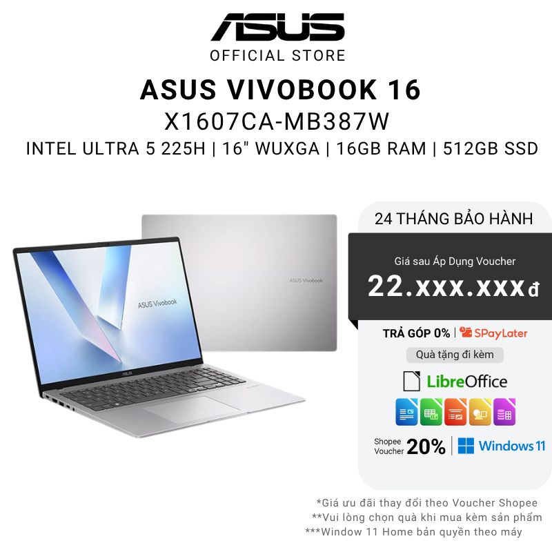 Laptop ASUS VivoBook 16 X1607CA-MB387W Ultra 5 225H | 16GB | 512GB | Intel Arc 130T| 16" WUXGA Win11