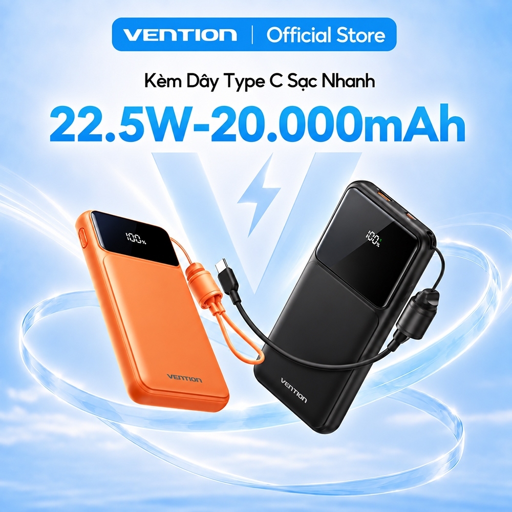 Pin Sạc Dự Phòng 20000mAh Vention 22.5W, Đạt Chuẩn 3C, 2 Cổng USB-A/C Kèm Dây Sạc Type C Màn LED Cho Điện Thoại Laptop