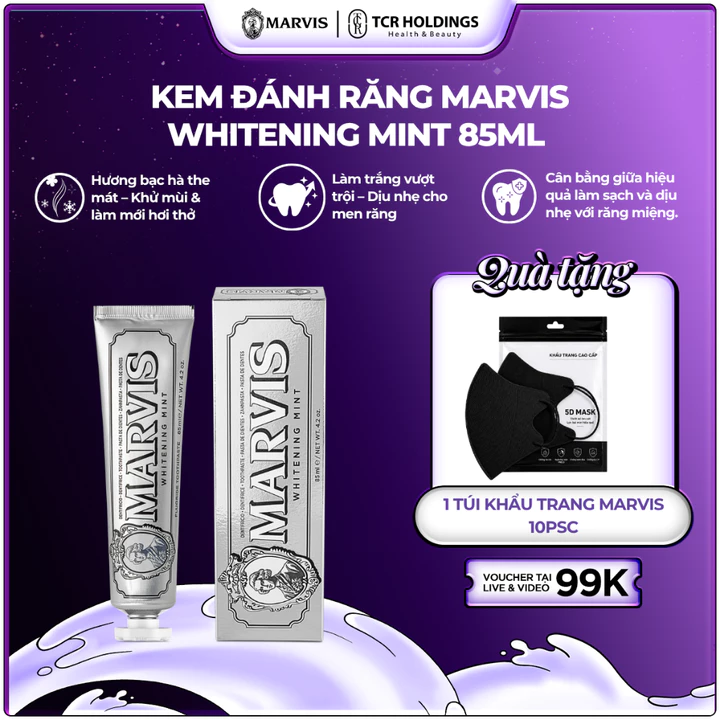 Kem đánh răng Marvis Whitening 85ML - Kem đánh răng Ý làm trắng, giảm mảng bám, bảo vệ răng miệng