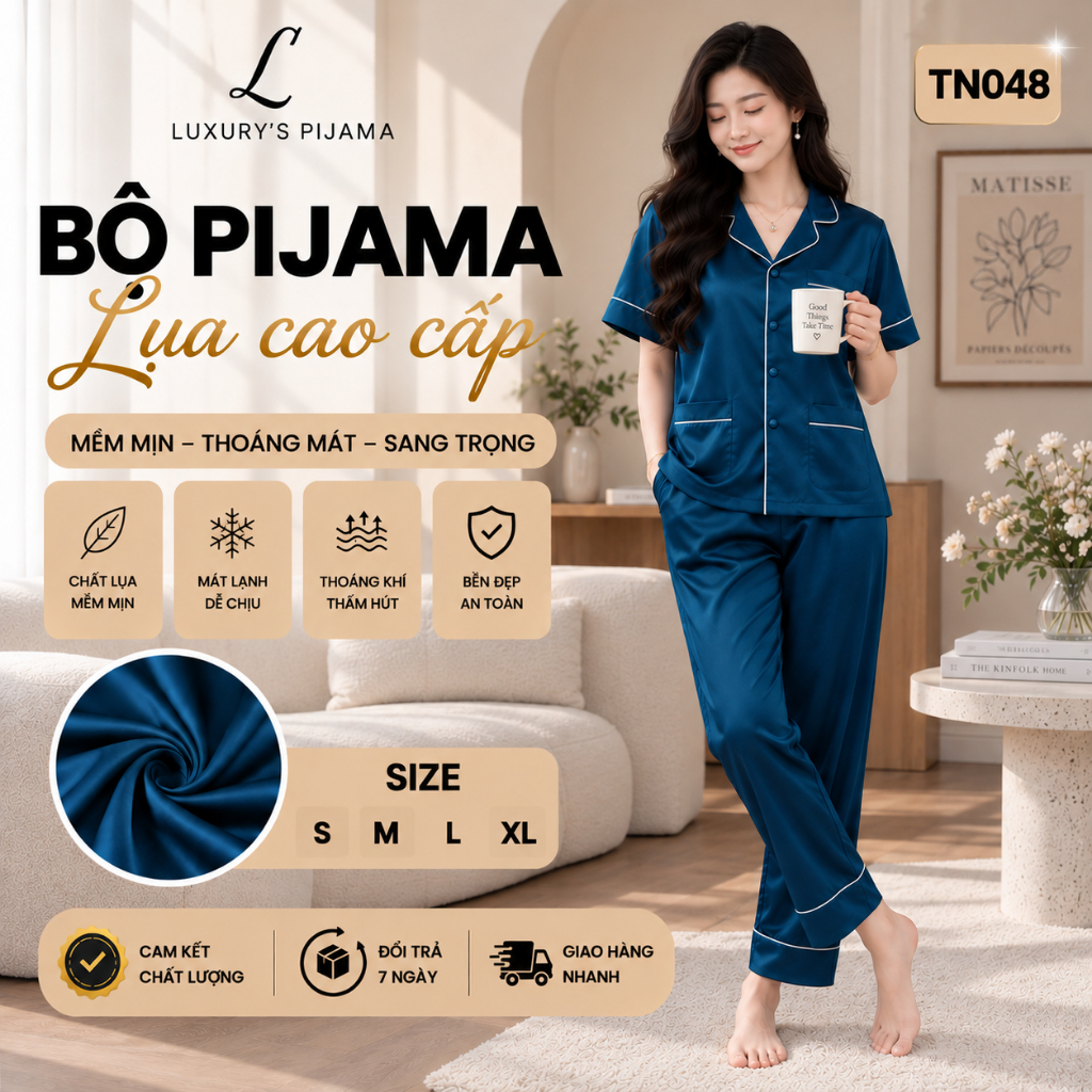 Đồ bộ LUXURY PIJAMA lụa latin cao cấp, mềm mịn sang trọng tay ngắn họa tiết trơn màu xanh TN048