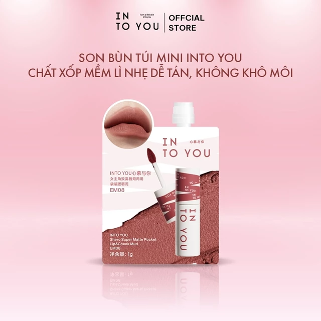 Son Bùn Túi Mini INTO YOU Chất Son Bùn Lì Làm Giảm Thâm Môi Sáng Da Bền Màu Không Khô Môi Lâu Trôi 1g