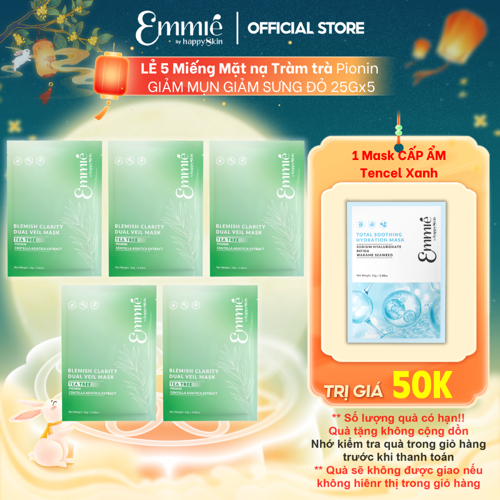 LẺ Mặt nạ tràm trà Emmie Giảm Mụn Sưng Đỏ Dành Cho Da Dầu Mụn - Chất Liệu Mặt Nạ Lụa Dual Veil Khít Mặt LẺ 5 Miếng x 25g