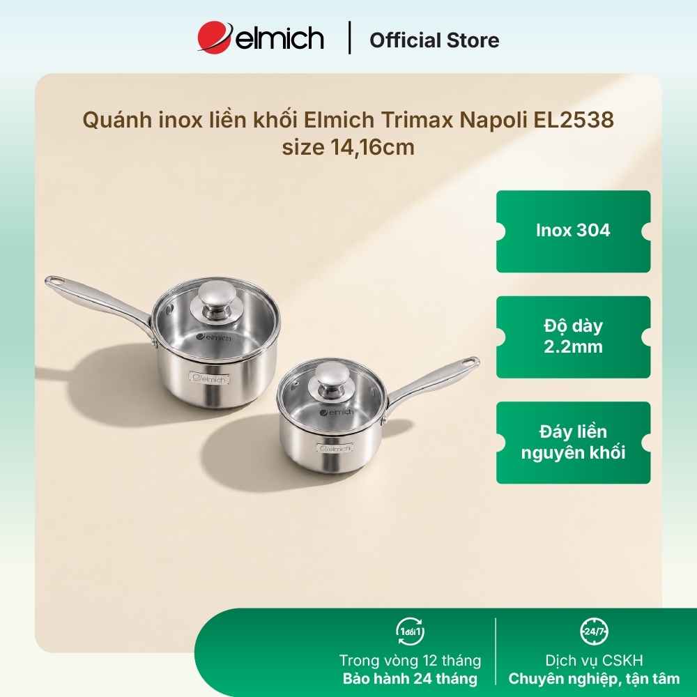 Quánh inox liền khối Elmich Trimax Napoli EL2538IN size 14, 16cm