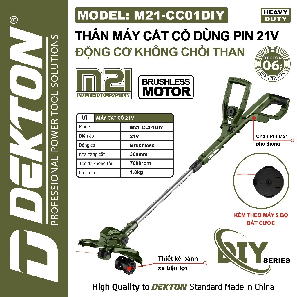 Máy cắt cỏ pin DEKTON M21-CC01DIY, Không chổi than, 7600rpm, Có bánh xe, Kèm 2 bộ bát cước