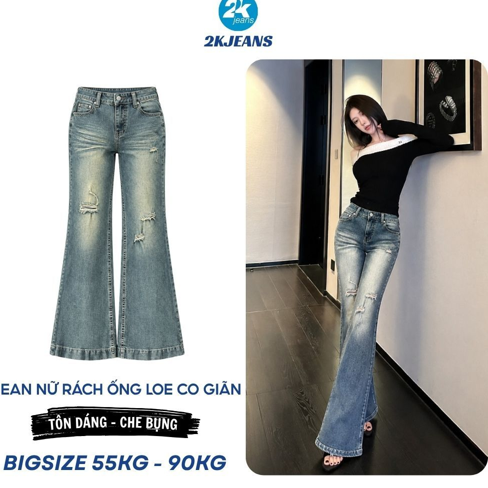 [DEAL SỐC] Quần Jean Nữ Ống Loe Co Giãn QC530 Bigsize 55-85kg, Cạp Cao Tôn Dáng, Rách Thời Trang 2KJEANS | BigBuy360 - bigbuy360.vn