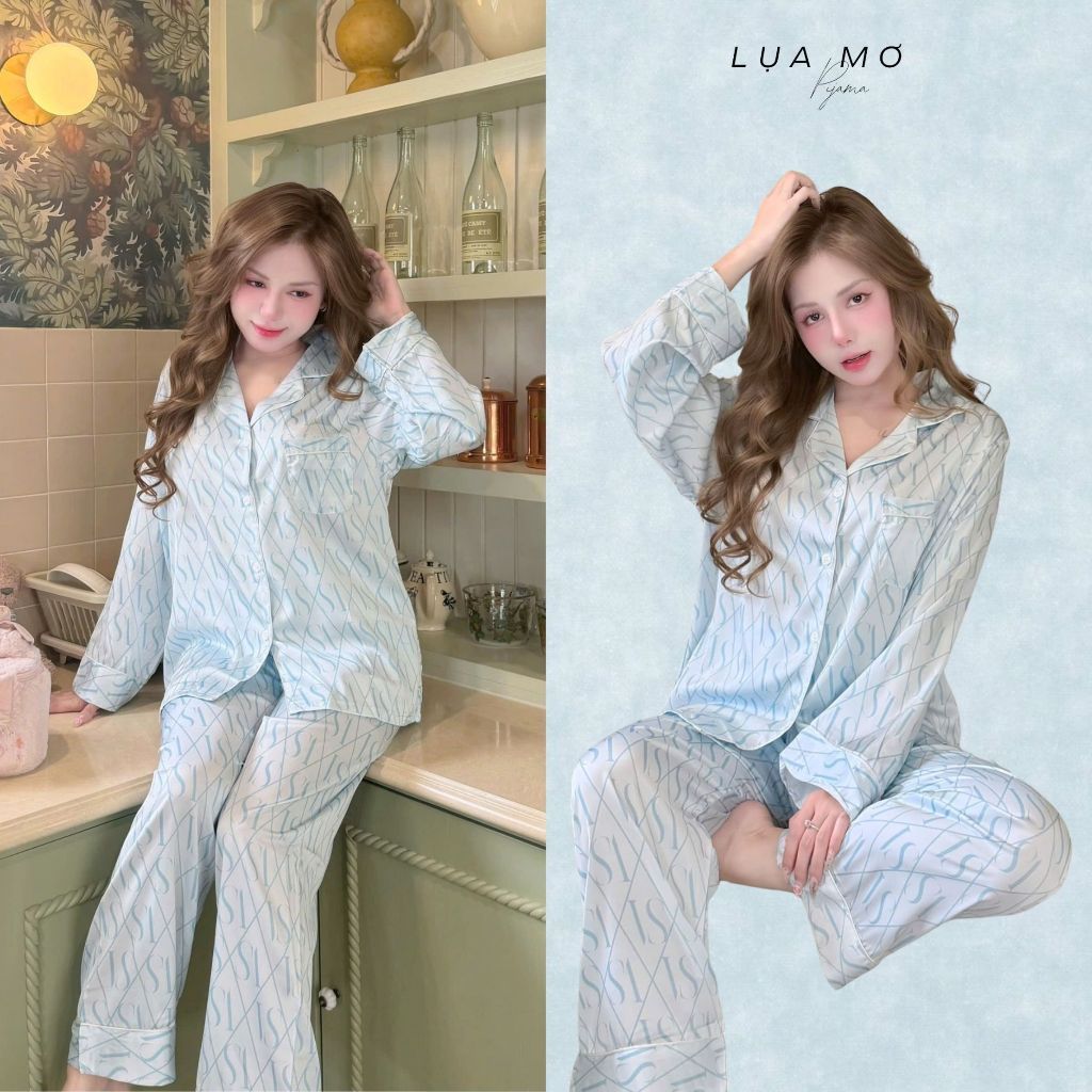 Pijama Tiểu Thư Tay Dài Phối Túi Áo Chữ Thêu Quảng Châu Cao Cấp Vải Lụa Latin Tơ Tằm - Đồ bộ Lụa Mơ LMQC29