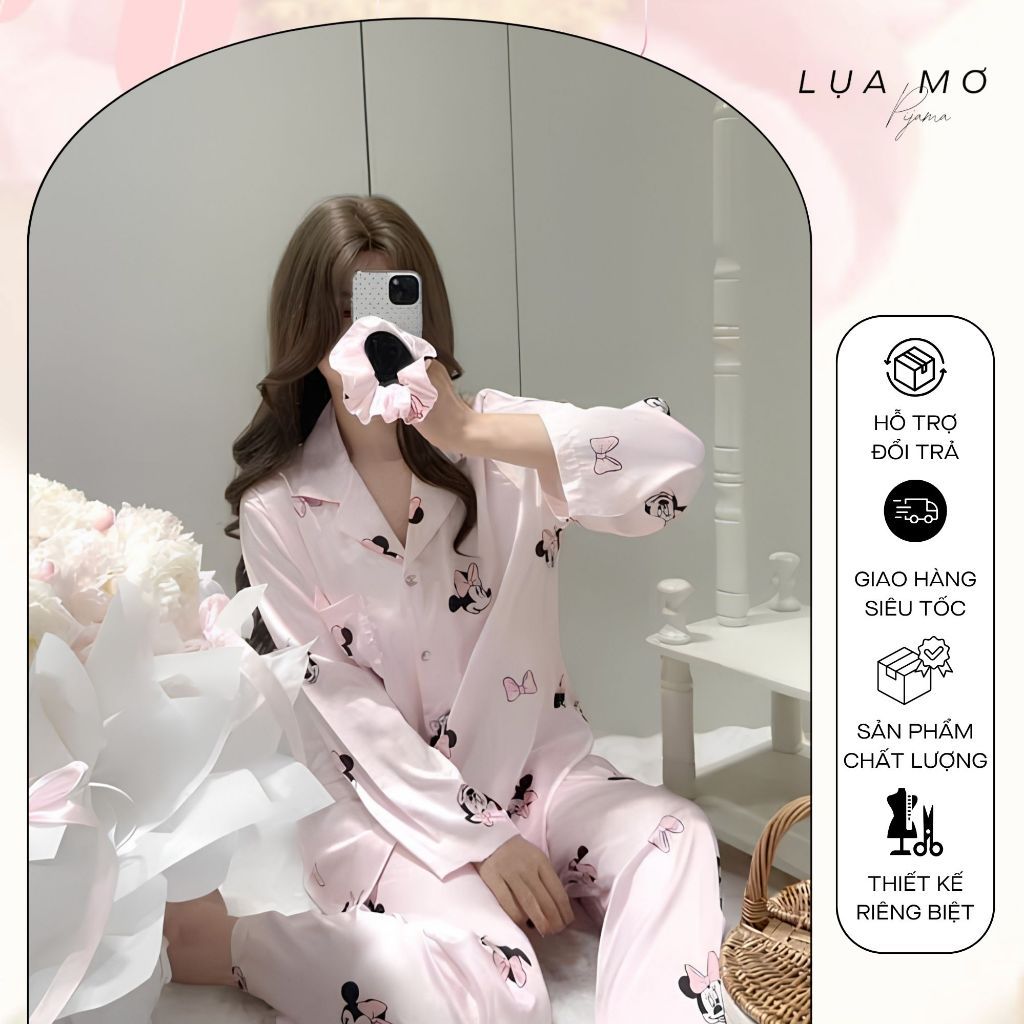Pijama Tiểu Thư Tay Dài Họa Tiết Minie Màu Hồng Quảng Châu Cao Cấp Vải Lụa Latin Tơ Tằm Cao Cấp - Đồ bộ Lụa Mơ LMQC30