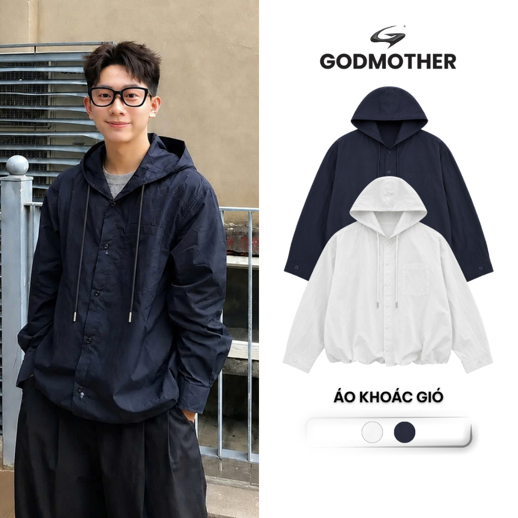 Áo Khoác Gió GODMOTHER Unisex Phối Cúc Có Dây Rút Chất Vải Thoáng Mát OWS26001