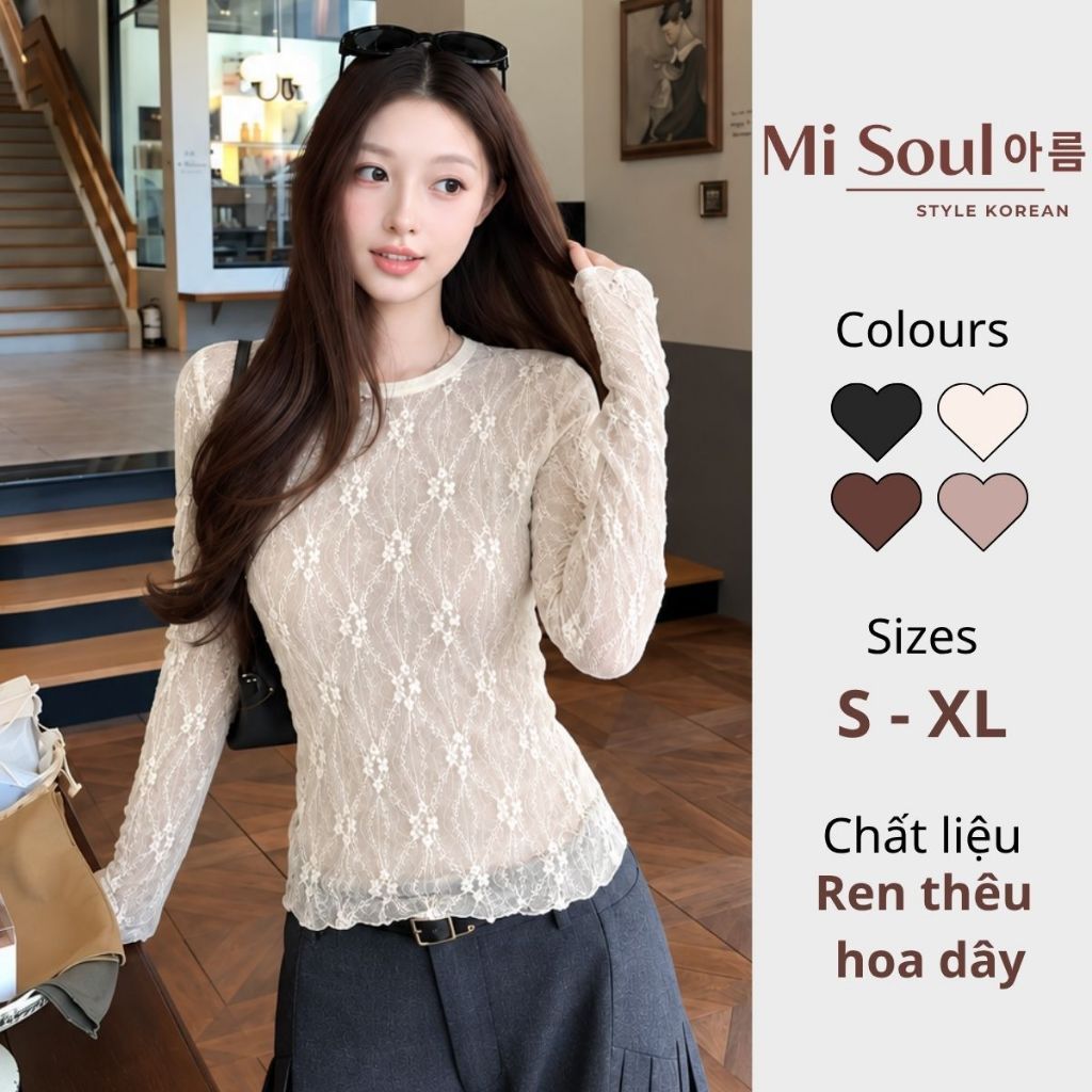 Áo Ren Thêu Hoa Dài Tay Cổ Tròn Ôm Body Bigsize, Áo Kiểu Ren Thêu Hoa May Viền Hàn Quốc MiSoul 633