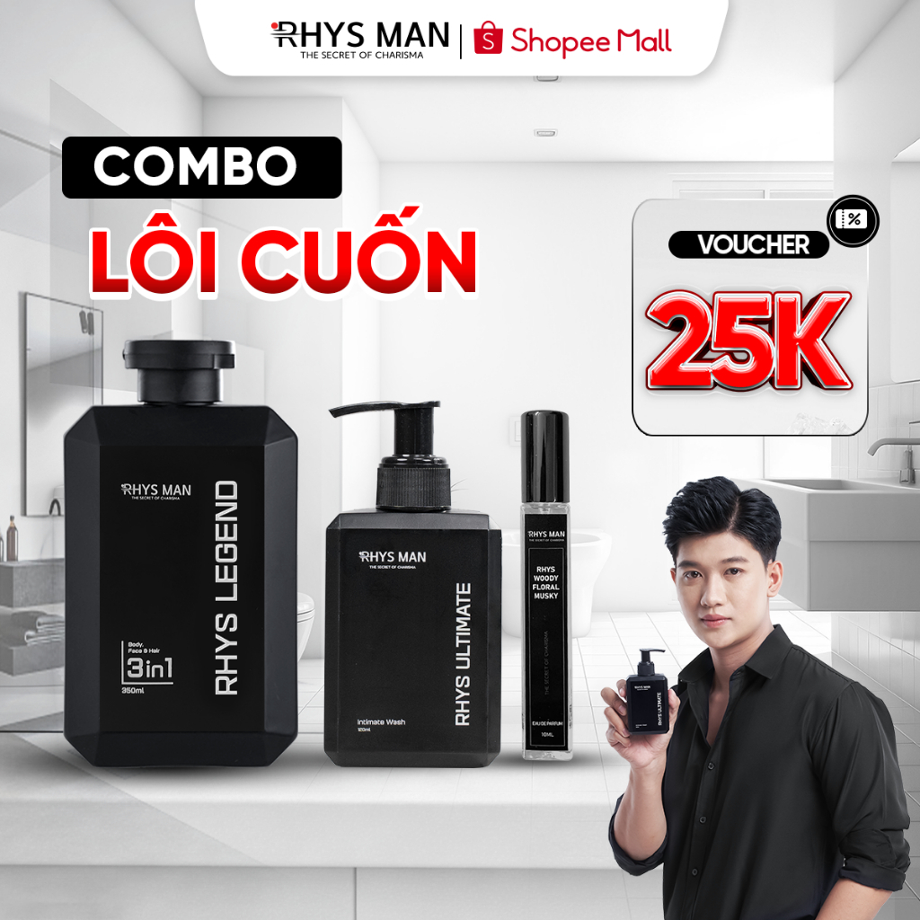 Bộ Quà Tặng - Sữa tắm gội 3in1 350ml, Dung dịch vệ sinh 120ml, Nước hoa nam 10ml RHYS MAN