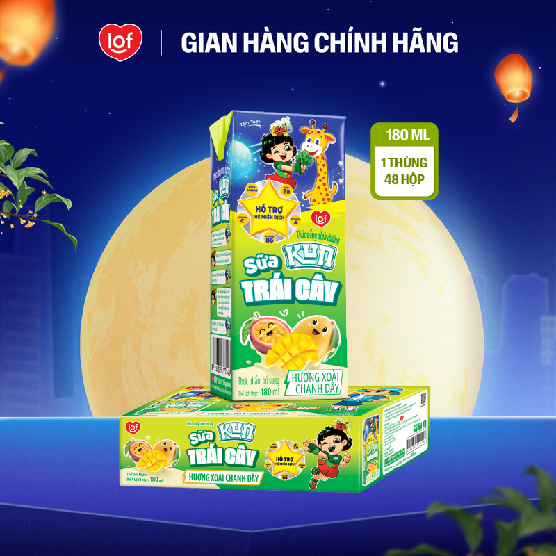 Sữa trái cây Kun hương xoài chanh dây thùng 48 hộp x 180ml