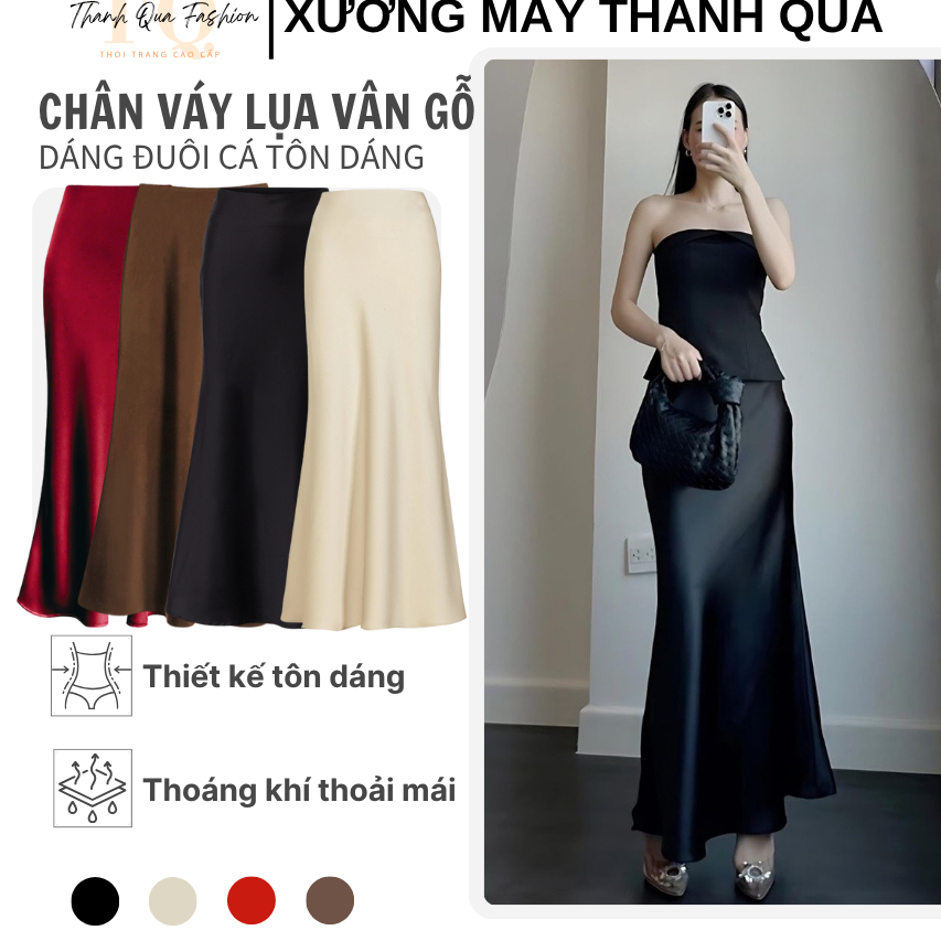 Chân Váy Lụa Đuôi Cá Dáng Dài Midi Cạp Trễ Lưng Chun Bọc Trong Chất Lụa Bóng Vân Gỗ TQ Fashion 235