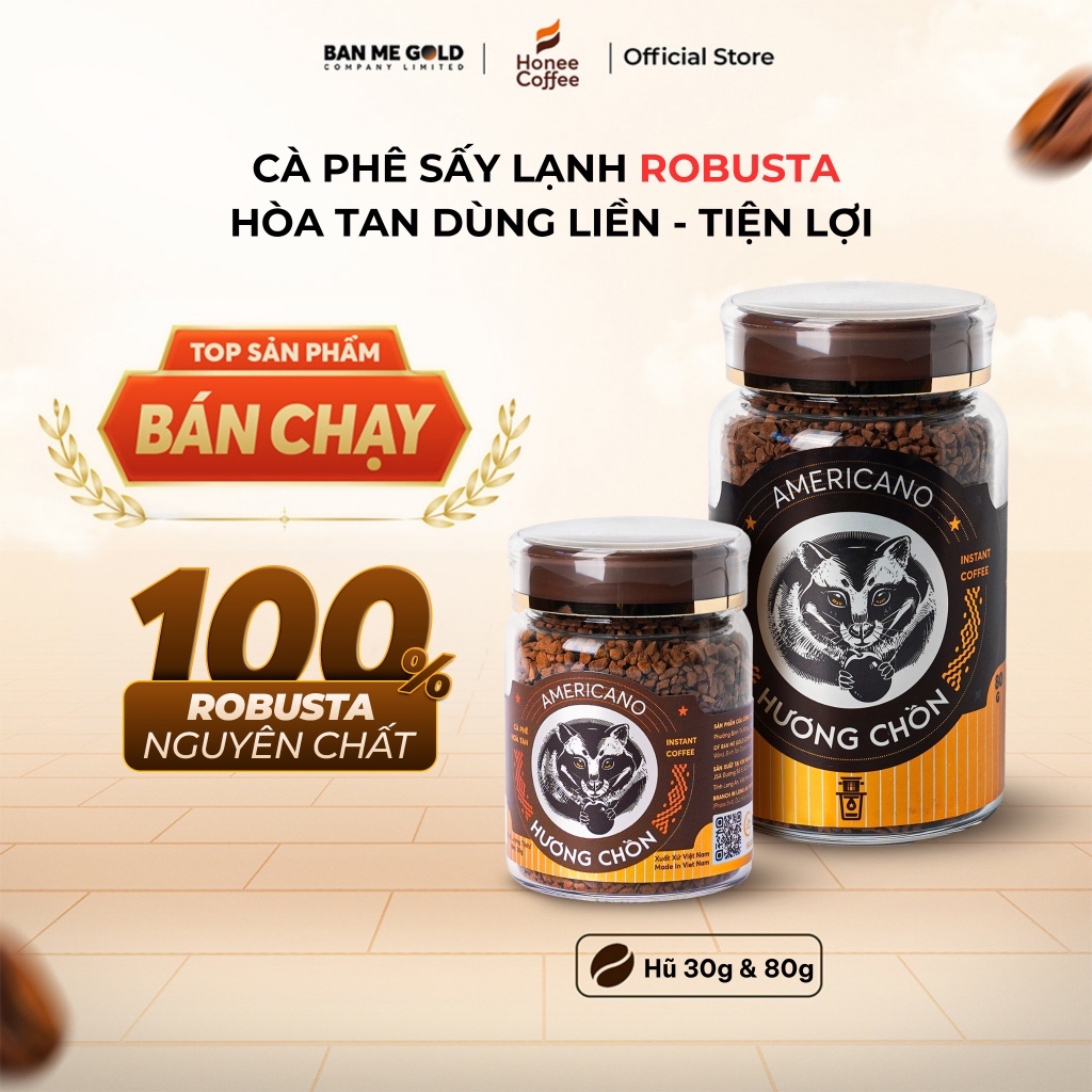 Cafe Sấy Lạnh Nguyên Chất - Cà Phê Sấy Lạnh Hoà Tan Đen 100% Robusta (Hũ 30g/80g) - Cf Sấy Lạnh Hương Chồn Honee Coffee