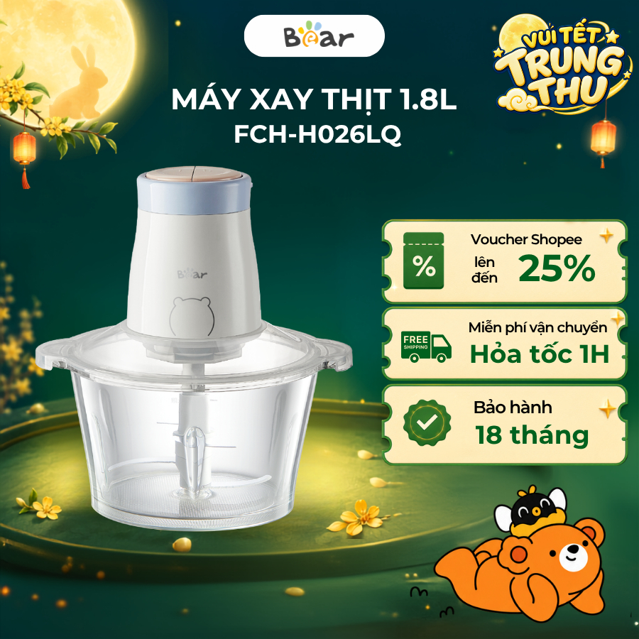 Máy xay thịt mini 1.8L Bear FCH-H026LQ, 300W, Đa Năng Xay Tỏi Ớt, Rau Củ, Xay đá bi, BH 18 Tháng