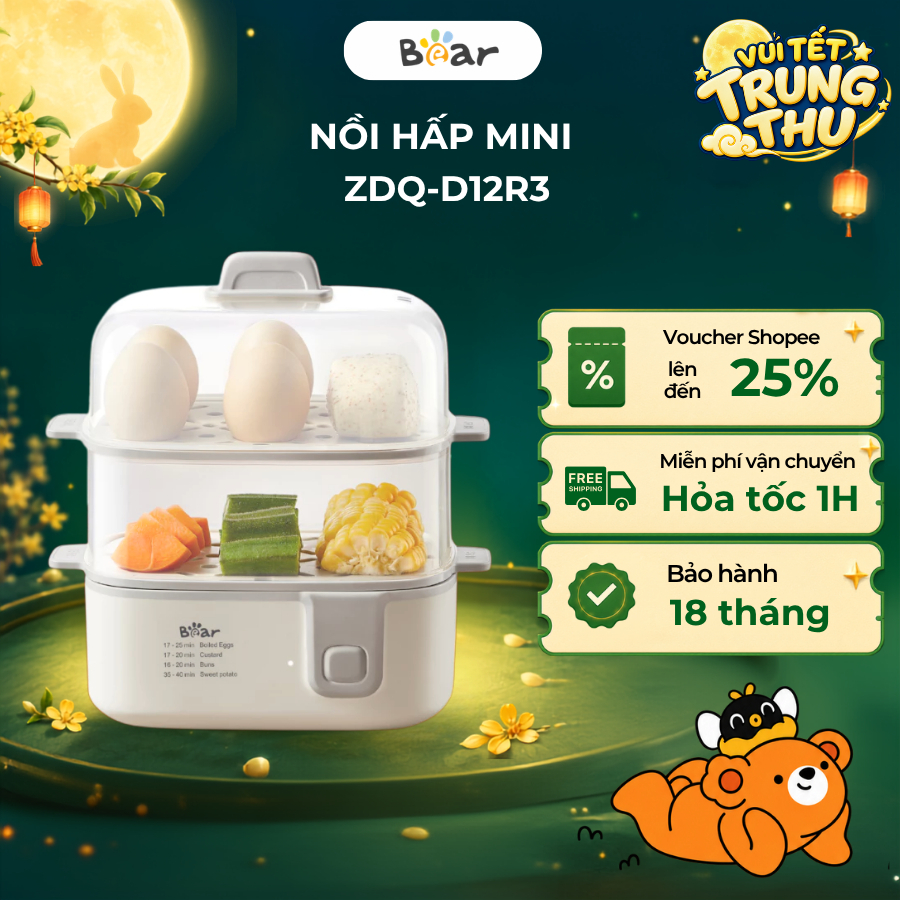 Nồi Hấp Điện Mini 2 Tầng Bear ZDQ-D12R3, Dung Tích 0.3L, 270W, Hấp Cách Thủy, Văn Phòng, BH 18 Tháng