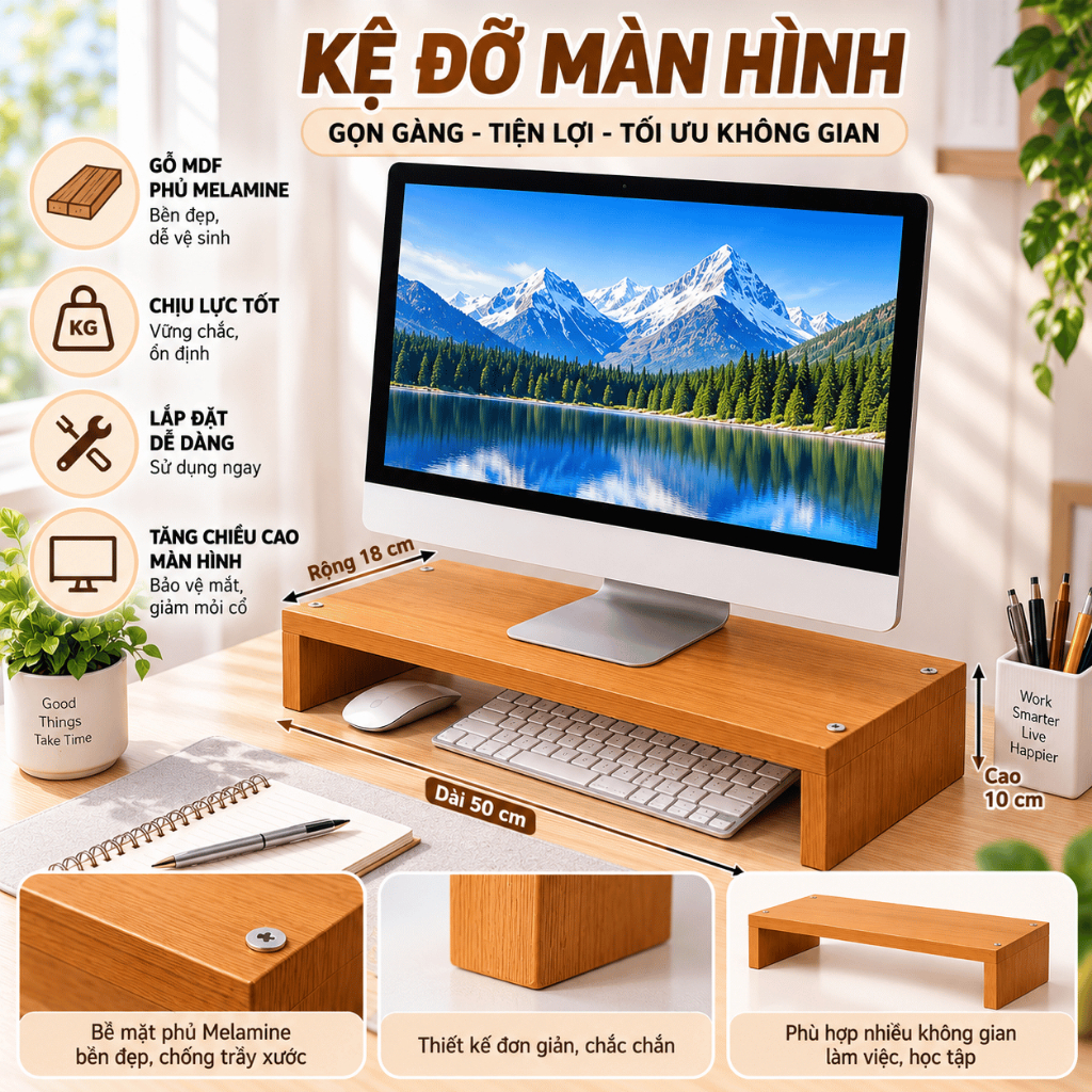 Kệ ngang để màn hình vi tính , decor trang trí bàn làm việc , gỗ mdf dày 17mm phủ melamin | BigBuy360 - bigbuy360.vn