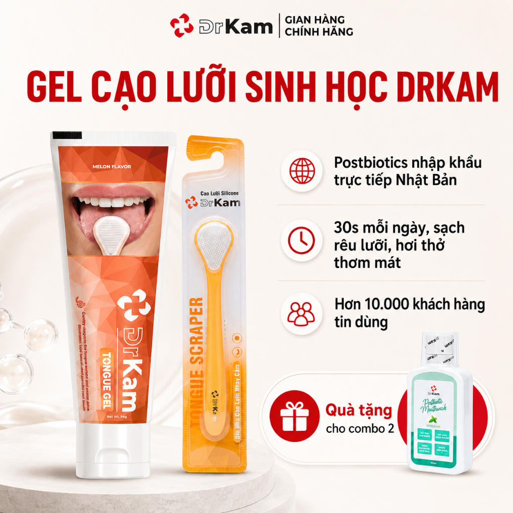 Bộ Gel Vệ Sinh Lưỡi DrKam: Gel Cạo Lưỡi Sinh Học Và Đồ Cạo Lưỡi Silicone, Làm Sạch Lưỡi, Khử Hôi Miệng