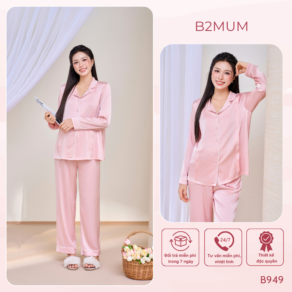 Bộ Pijama Bầu Chất Lụa Latin Cao Cấp Dáng Suông Dài Tay, Mặc Nhà Thoải Mái, Dễ Mặc Edora Set B949 by B2MUM