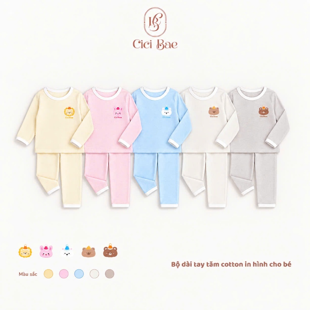 Bộ Đồ Dài Tay Cho Bé Trai Bé Gái Chất Vải Tăm Cotton Mềm Mại, Màu Sắc Basic Hình In Dễ Thương TD04