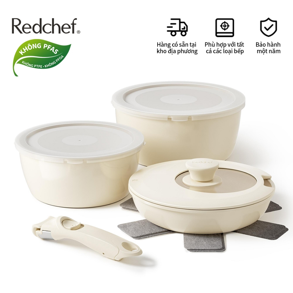 Redchef Bộ 9 Nồi Chảo Chống Dính Không Độc Hại Tay Cầm Tháo Rời Phù Hợp Mọi Loại Bếp Không Chứa PFAS PTFE PFOA