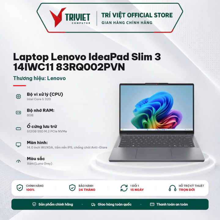 Laptop Lenovo IdeaPad Slim 3 14IWC11 83RQ002PVN (Core 5 320 |14 inch WUXGA IPS | 8GB | 512GB | Win 11 | Xám) Mỏng Nhẹ