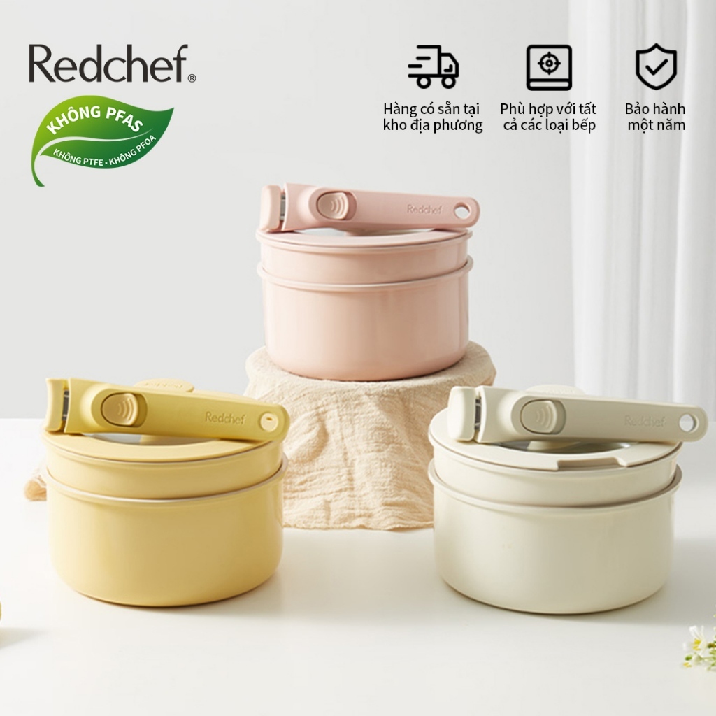 Redchef Bộ đồ nấu ăn bằng gốm chống dính  có tay cầm có thể tháo rời 4 chiếc chảo chống dính không chứa PFAS&PTFE&PFOA