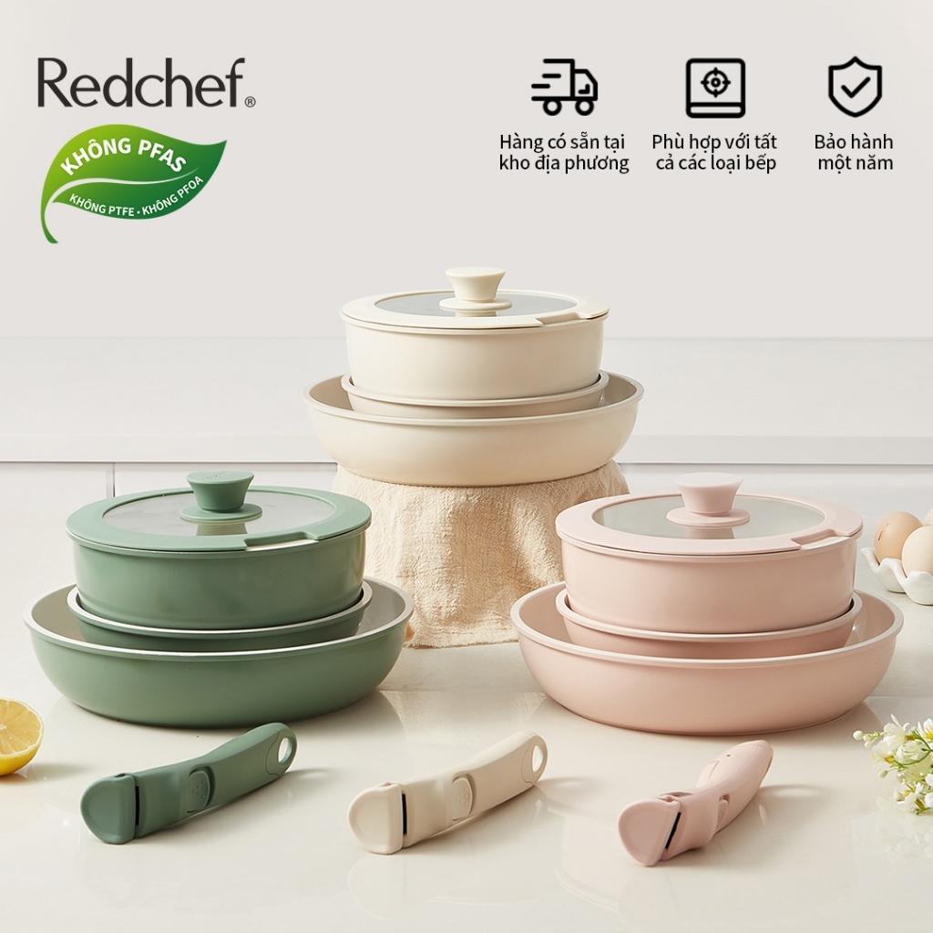 Redchef Bộ nồi đá gốm chống dính tay cầm tháo rời 5 chiếc không chứa PFAS PTFE PFOA thích hợp cho mọi loại bếp