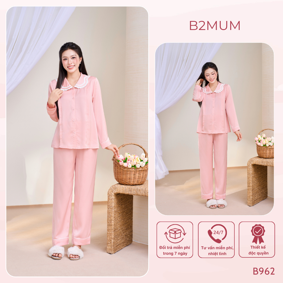 Bộ Pijama Bầu Mặc Nhà Dài Tay Chất Lụa Ngọc Trai Mềm Mát Cổ Sen Dài Tay, Nữ Tính Thoải Mái Capeny Set B962 by B2MUM