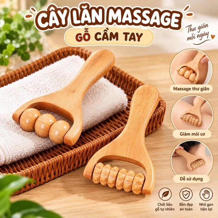 Cây lăn massage gỗ cầm tay nhiều bánh răng thư giãn giảm đau mỏi cơ